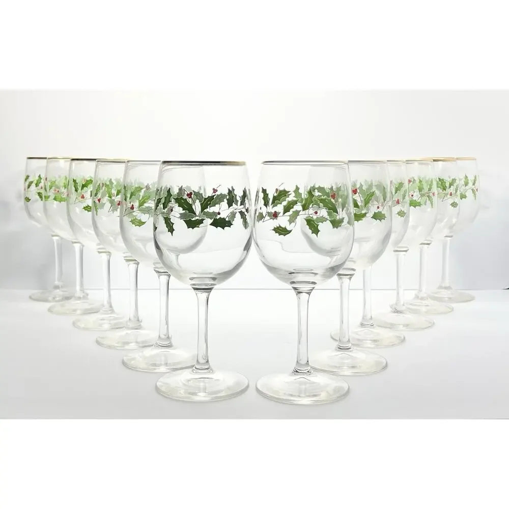 Lenox “Holiday” 12 Wine Water All Purpose Glasses 7 1/2” 10oz Christmas Holly